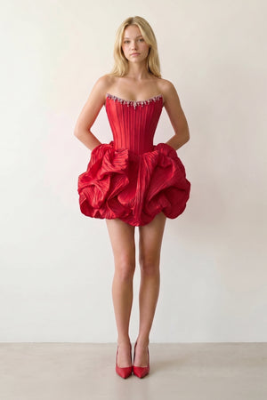 Red Bubble Hem Strapless Basque Waist Homecoming Dress With Beading - KISSPROM