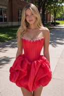 Red Bubble Hem Strapless Basque Waist Homecoming Dress With Beading - KISSPROM
