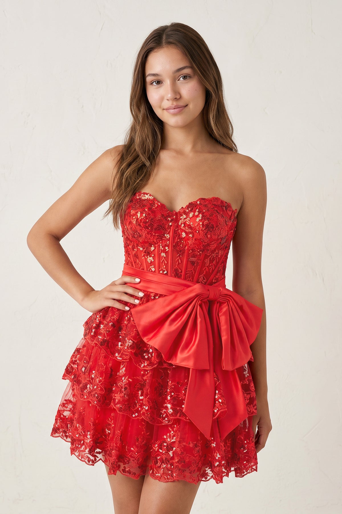 KissProm Red Corset Sequin Appliques Short Party Dress with Bow, Red / 4