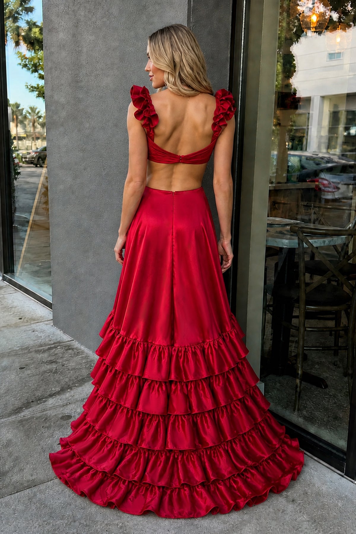 Brittany Red Cutout Ruffle A-Line Prom Dress | Elegant Gown with