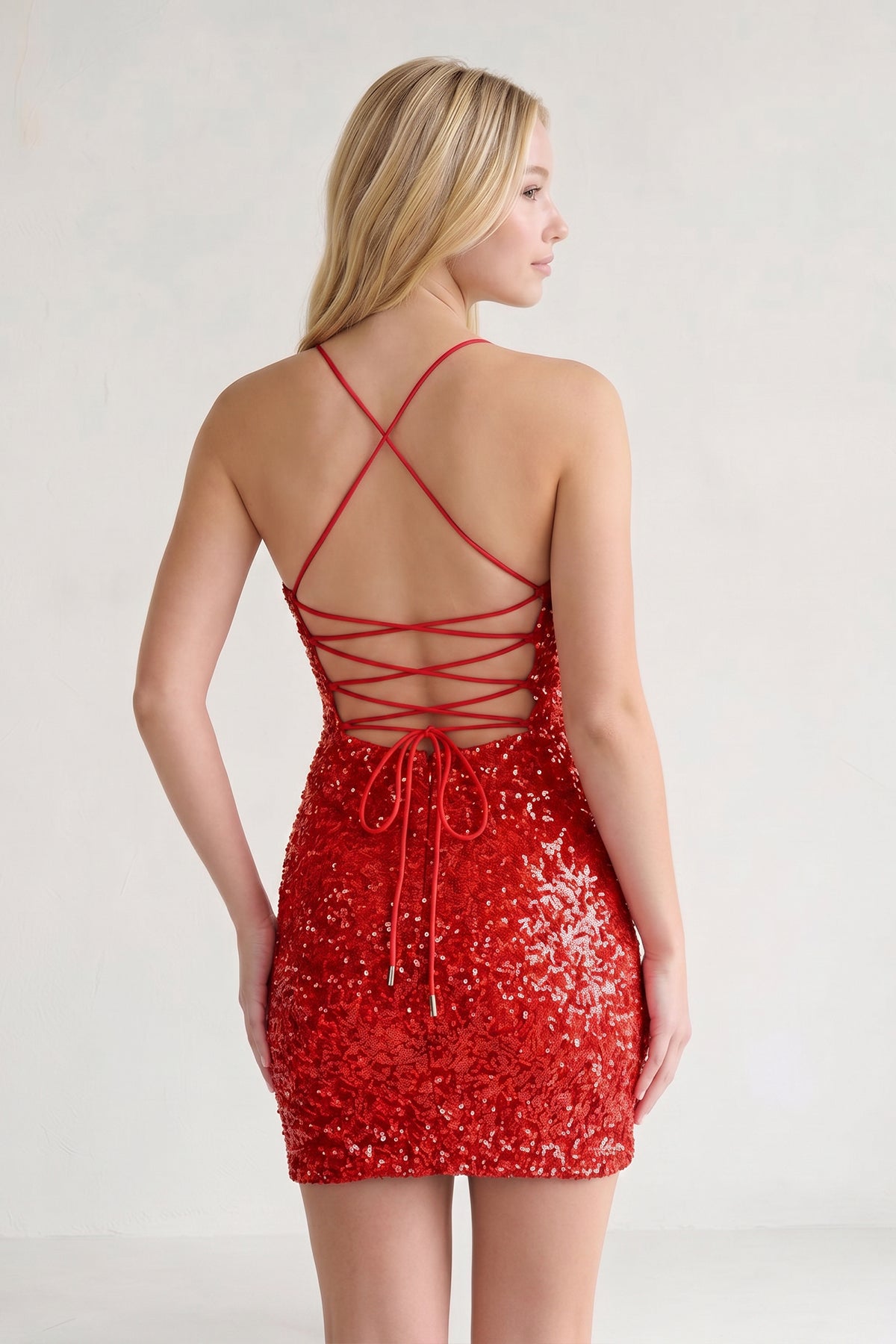 KissProm Glitter Red Sequin Spaghetti Straps Lace Up Tight Mini Party Dresses, Red / 0