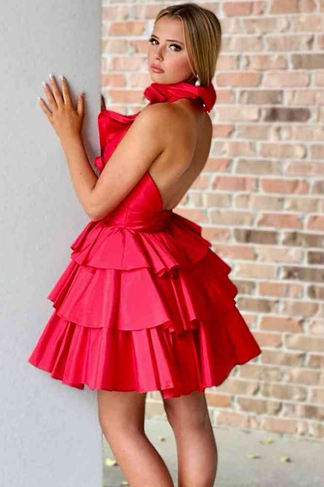 A-Line Deep Halter Satin Short Homecoming Dress with Ruffles Red / 12 A-Line Deep Halter Satin Short Homecoming Dress with Ruffles Red / 12