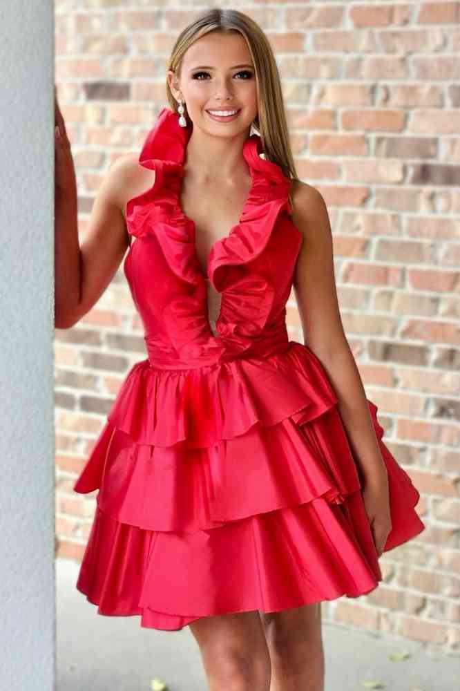 A-Line Deep Halter Satin Short Homecoming Dress with Ruffles Red / 12 A-Line Deep Halter Satin Short Homecoming Dress with Ruffles Red / 12
