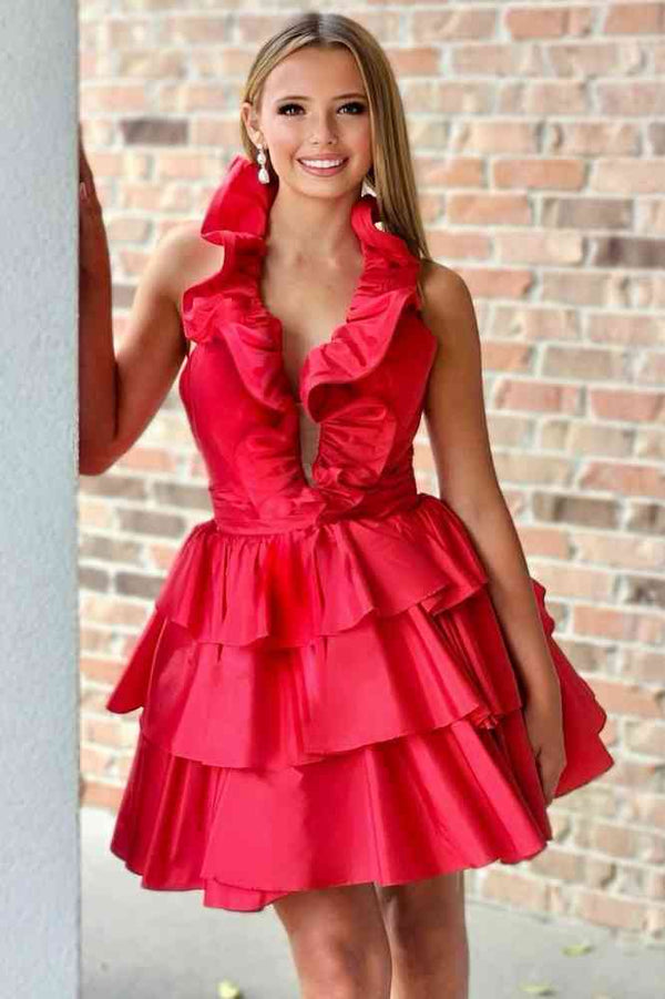 Irisia | A-Line Deep V-Neck Satin Short Homecoming Dress with Ruffles