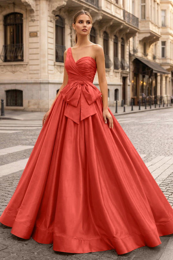 KissProm-Red One Shoulder Satin A Line Prom Dress With Bow