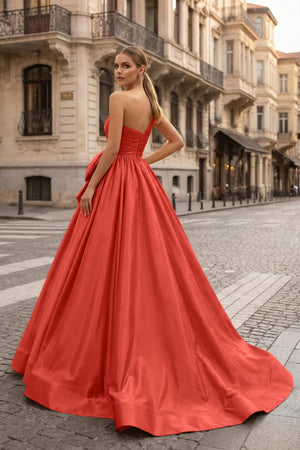 KissProm-Red One Shoulder Satin A Line Prom Dress With Bow