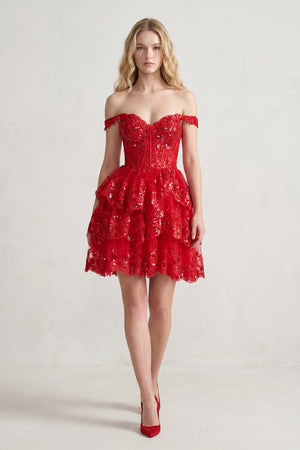 Everly | Red - A-Line Sweetheart Tiered Short Homecoming Dress