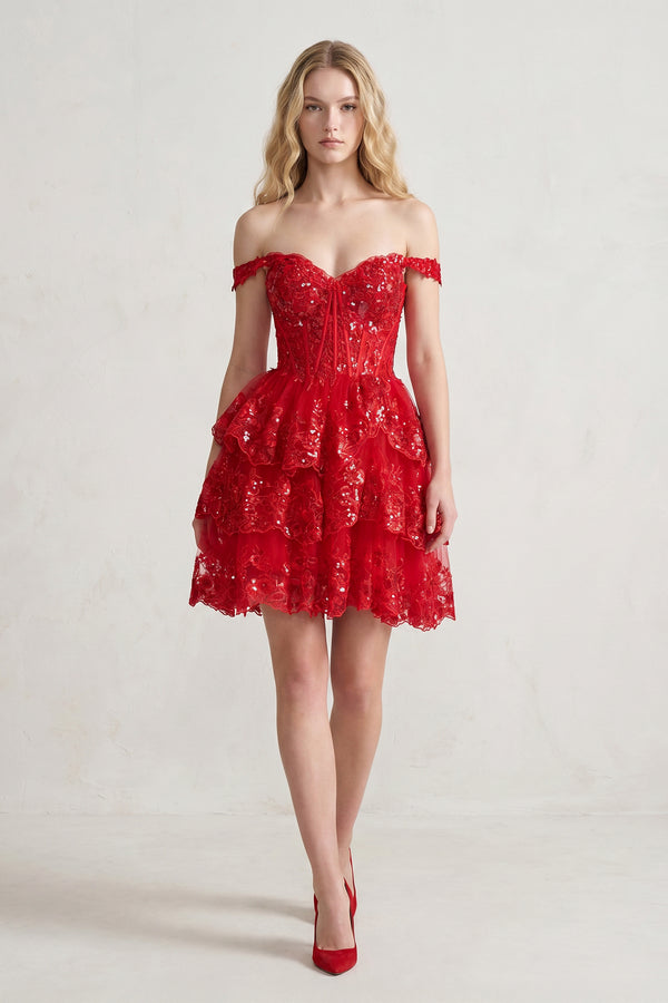 Everly | Red - A-Line Sweetheart Tiered Short Homecoming Dress