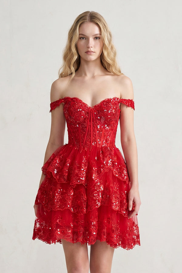 Everly | Red - A-Line Sweetheart Tiered Short Homecoming Dress
