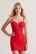 Red Fitted Straps Appliques Mini Homecoming Dress | KISSPROM