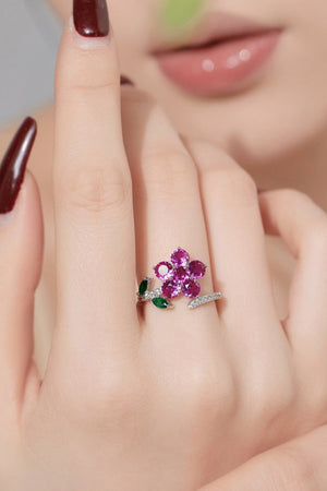 Red Flower Green Leaves Silver Wrap Ring - KissProm