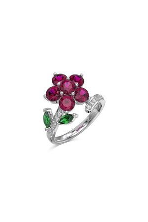 Red Flower Green Leaves Silver Wrap Ring - KissProm