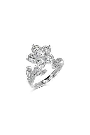 Red Flower Green Leaves Silver Wrap Ring - KissProm