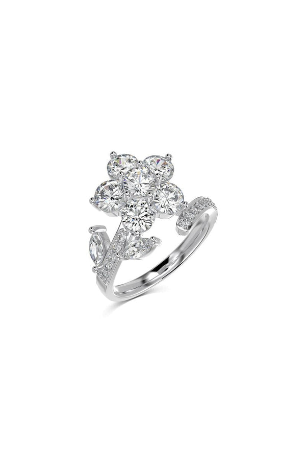 Red Flower Green Leaves Silver Wrap Ring - KissProm