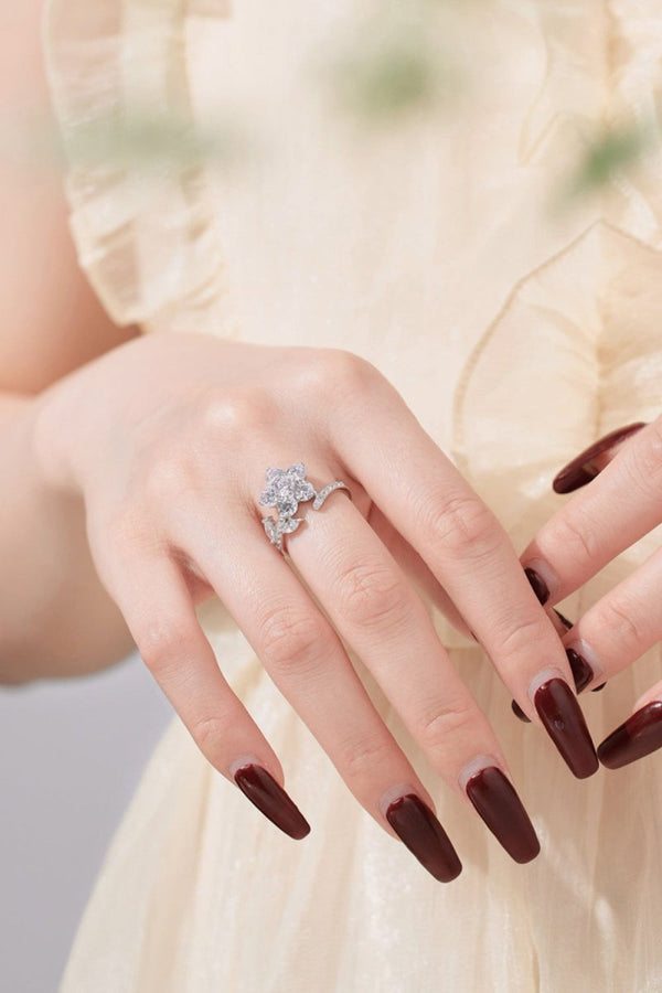 Red Flower Green Leaves Silver Wrap Ring - KissProm
