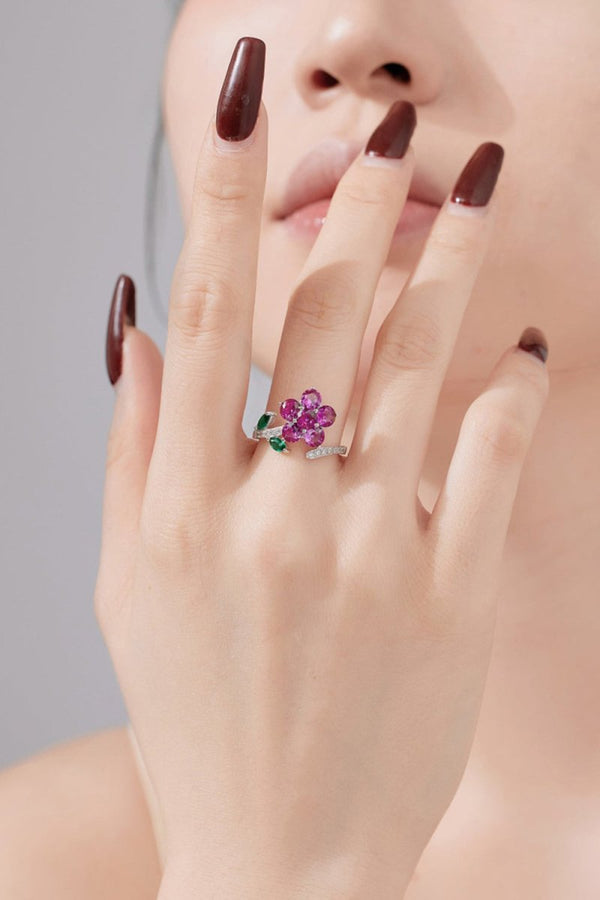 Red Flower Green Leaves Silver Wrap Ring - KissProm