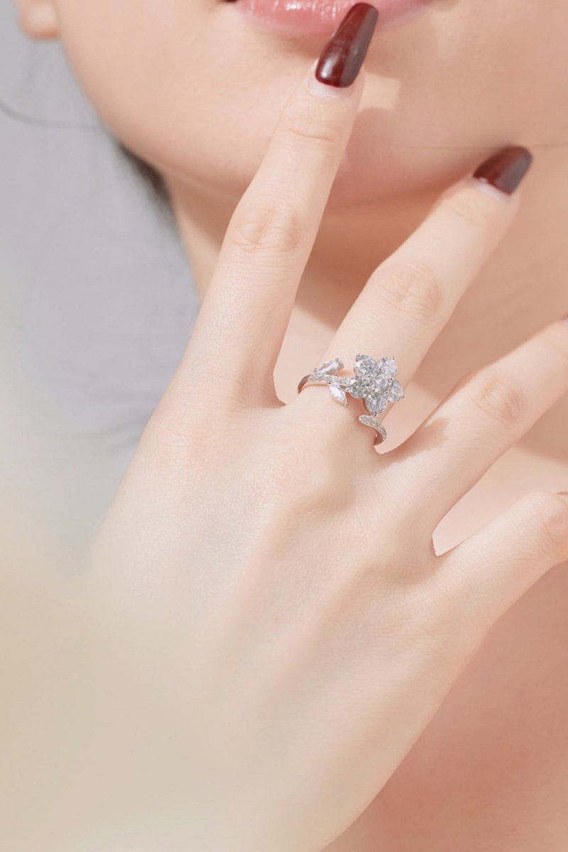 Red Flower Green Leaves Silver Wrap Ring - KissProm