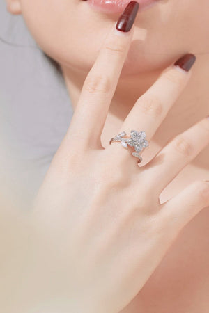 Red Flower Green Leaves Silver Wrap Ring - KissProm