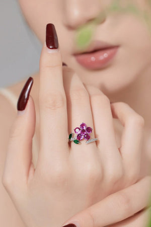 Red Flower Green Leaves Silver Wrap Ring - KissProm