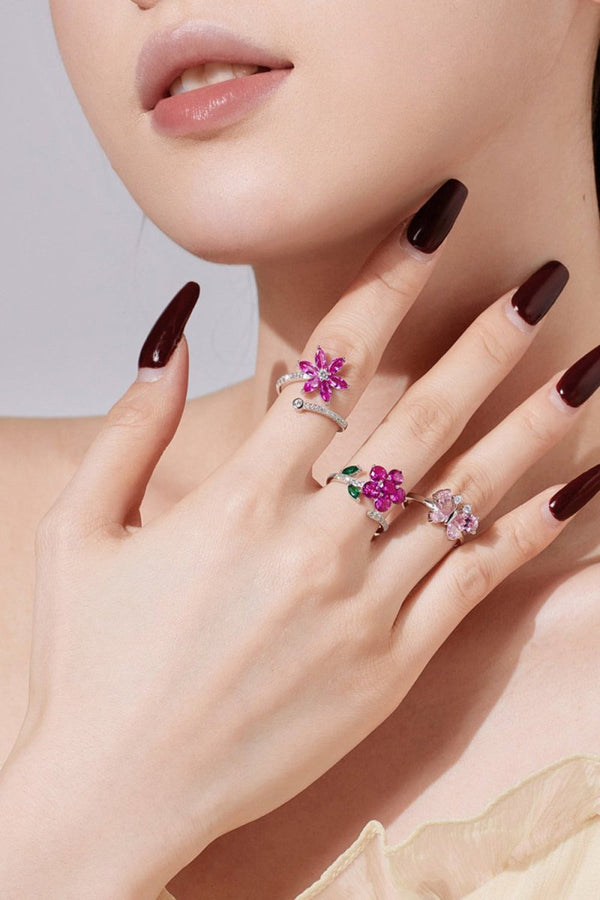 Red Flower Green Leaves Silver Wrap Ring - KissProm