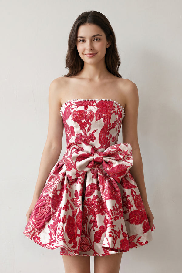 Red Flower Jacquard Strapless A-Line Bowknot Homecoming Dress With Pearl (3) | KISSPROM