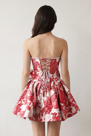 Red Flower Jacquard Strapless A-Line Bowknot Homecoming Dress With Pearl (4) | KISSPROM