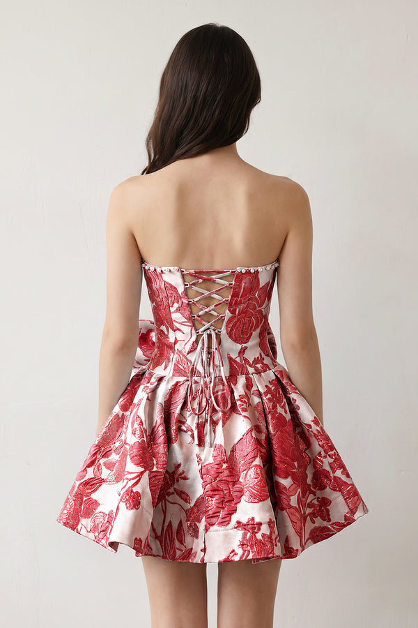Red Flower Jacquard Strapless A-Line Bowknot Homecoming Dress With Pearl (4) | KISSPROM