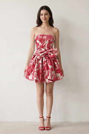 Red Flower Jacquard Strapless A-Line Bowknot Homecoming Dress With Pearl (5) | KISSPROM