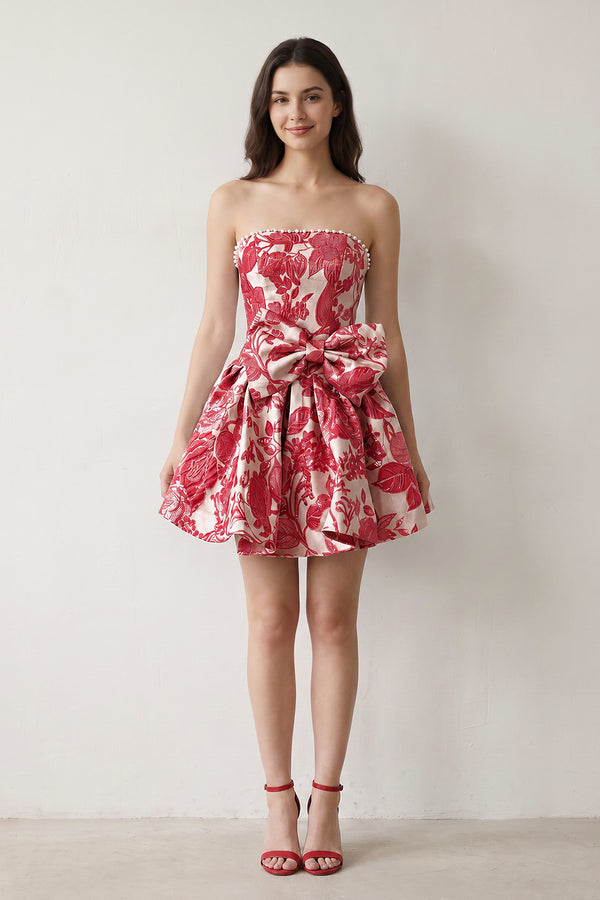 Red Flower Jacquard Strapless A-Line Bowknot Homecoming Dress With Pearl (5) | KISSPROM
