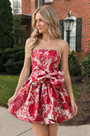 Red Flower Jacquard Strapless A-Line Bowknot Homecoming Dress With Pearl | KISSPROM
