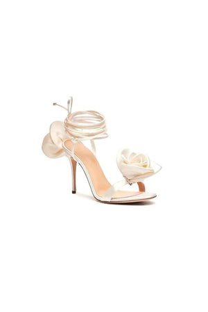 Red Flower Lace Up High Heel Sandals - KissProm