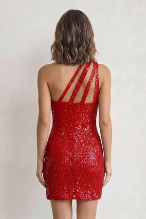 Red Sheath One Shoulder Sequins Mini Party Dresses - KISSPROM