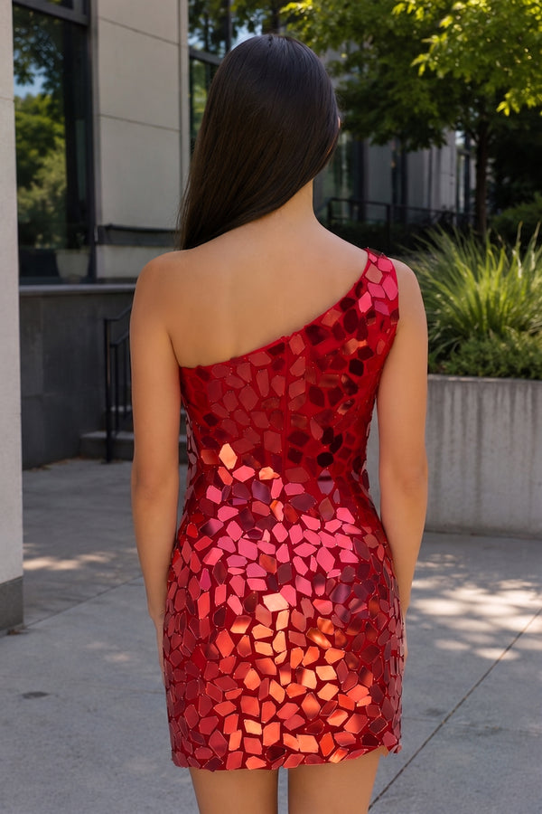 Red Gradient Cut Glass Mirror One-Shoulder Mini Homecoming Dresses (2) | KISSPROM