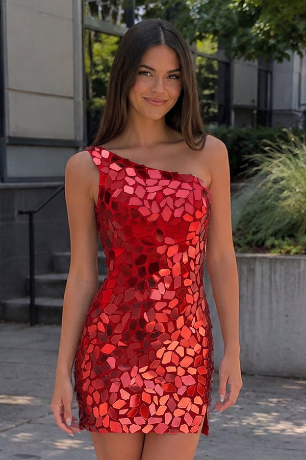 Red Gradient Cut Glass Mirror One-Shoulder Mini Homecoming Dresses | KISSPROM