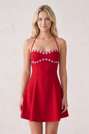 Red Halter A-Line Embroidery Satin Short Homecoming Dress (3) | KISSPROM