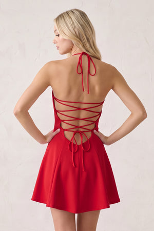 Red Halter A-Line Embroidery Satin Short Homecoming Dress (4) | KISSPROM