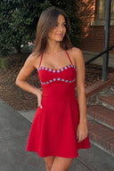 Red Halter A-Line Embroidery Satin Short Homecoming Dress | KISSPROM