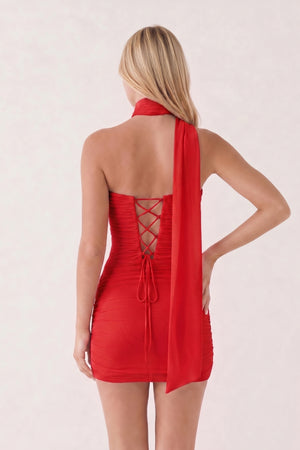 Red Halter Tulle Sheath Ruched Homecoming Dress With Lace-Up Back | KISSPROM