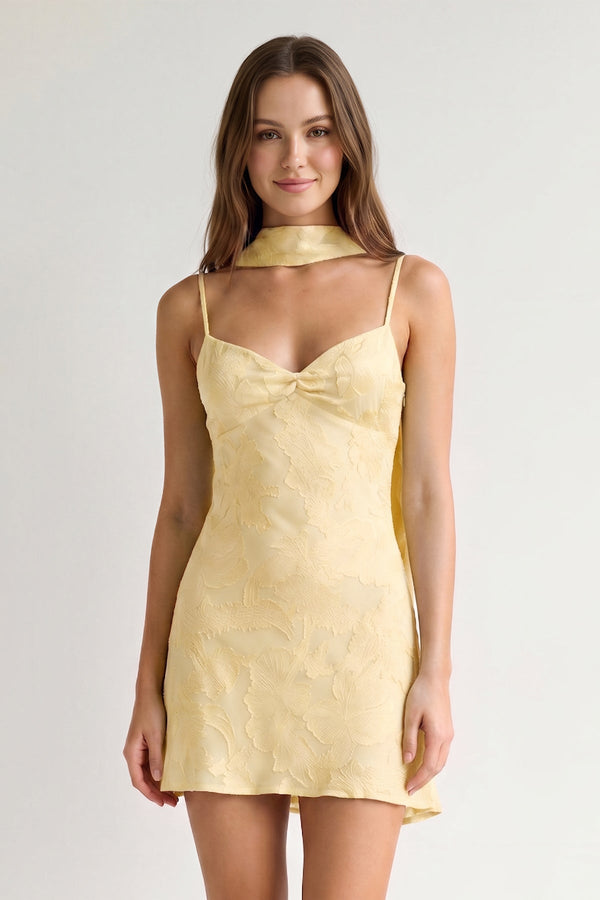 Yellow Jacquard Chiffon Cami Straps Sheath Homecoming Dress with Scarf | KISSPROM