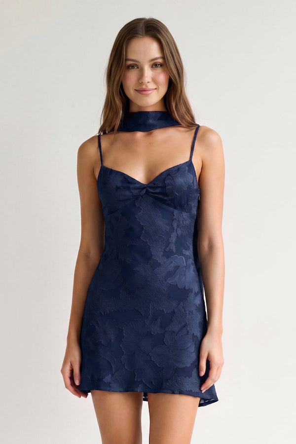 Navy Blue Jacquard Chiffon Cami Straps Sheath Homecoming Dress with Scarf | KISSPROM