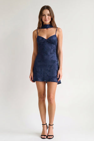 Navy Blue Jacquard Chiffon Cami Straps Sheath Homecoming Dress with Scarf (3) | KISSPROM