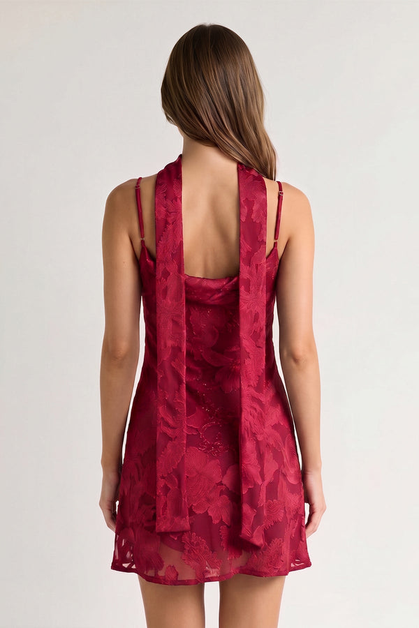 Burgundy Jacquard Chiffon Cami Straps Sheath Homecoming Dress with Scarf (2) | KISSPROM