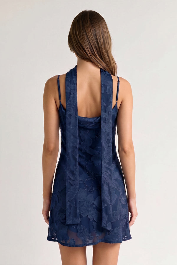 Navy Blue Jacquard Chiffon Cami Straps Sheath Homecoming Dress with Scarf (2) | KISSPROM
