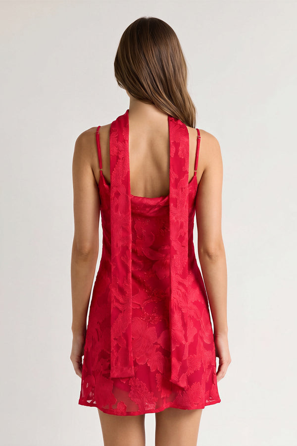 Red Jacquard Chiffon Cami Straps Sheath Homecoming Dress with Scarf (2) | KISSPROM
