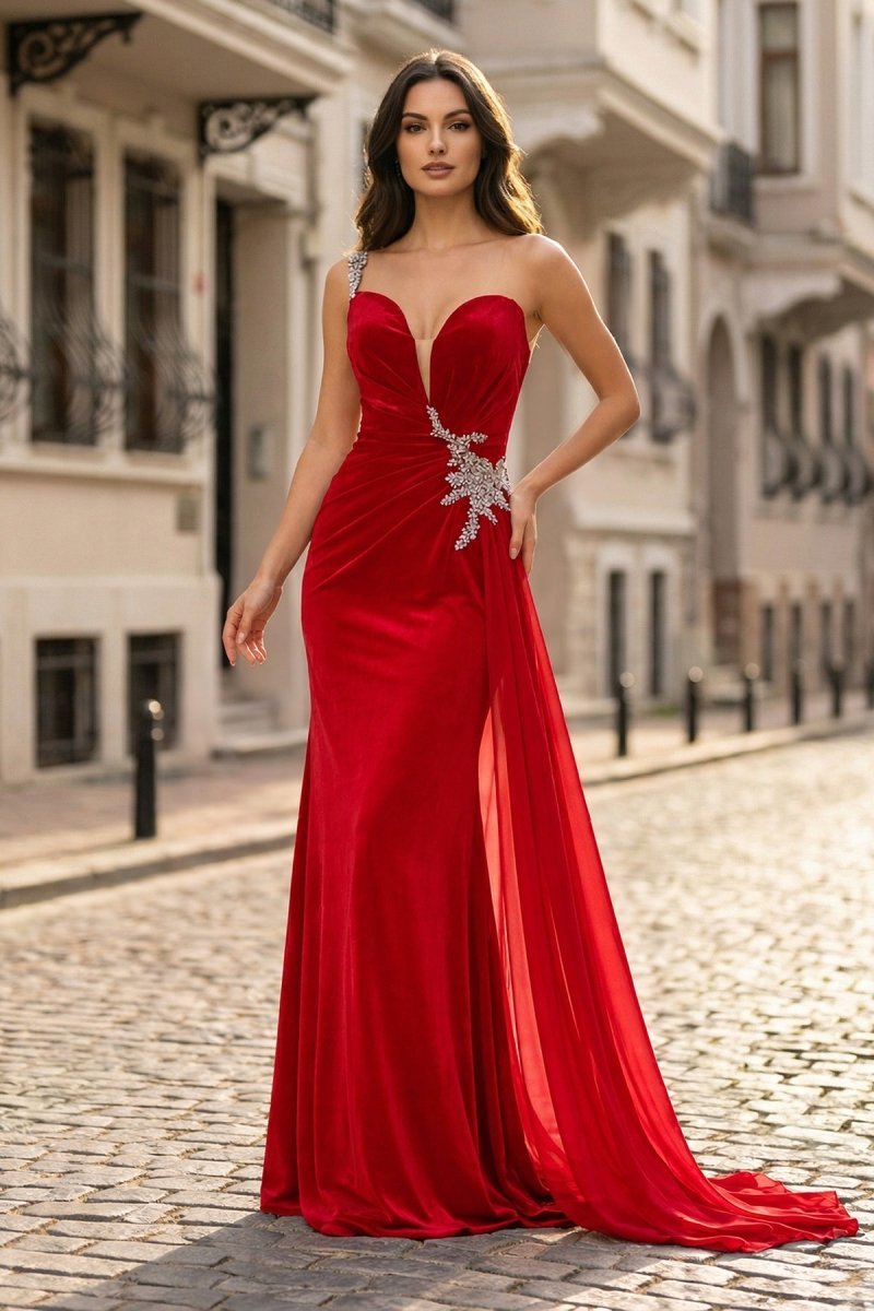 Black Rhinestone One Shoulder A Line Prom Dress with Slit