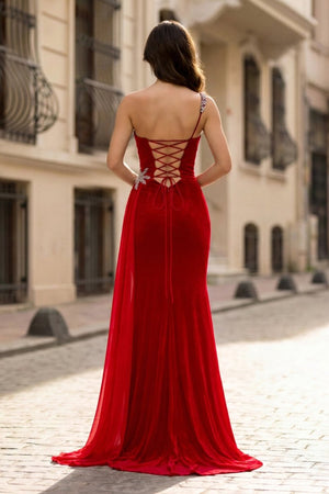 Black Rhinestone One Shoulder A Line Prom Dress with Slit - KissProm