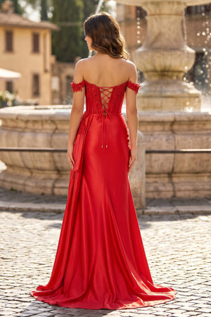 Off the Shoulder Satin Beaded Prom Dress With Appliques - KissProm