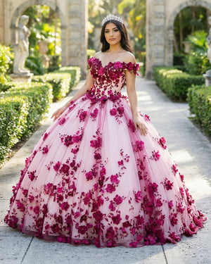 Red Lace Quinceanera Dress Off Shoulder Corset Vestidos Pearls Flowers - KissProm