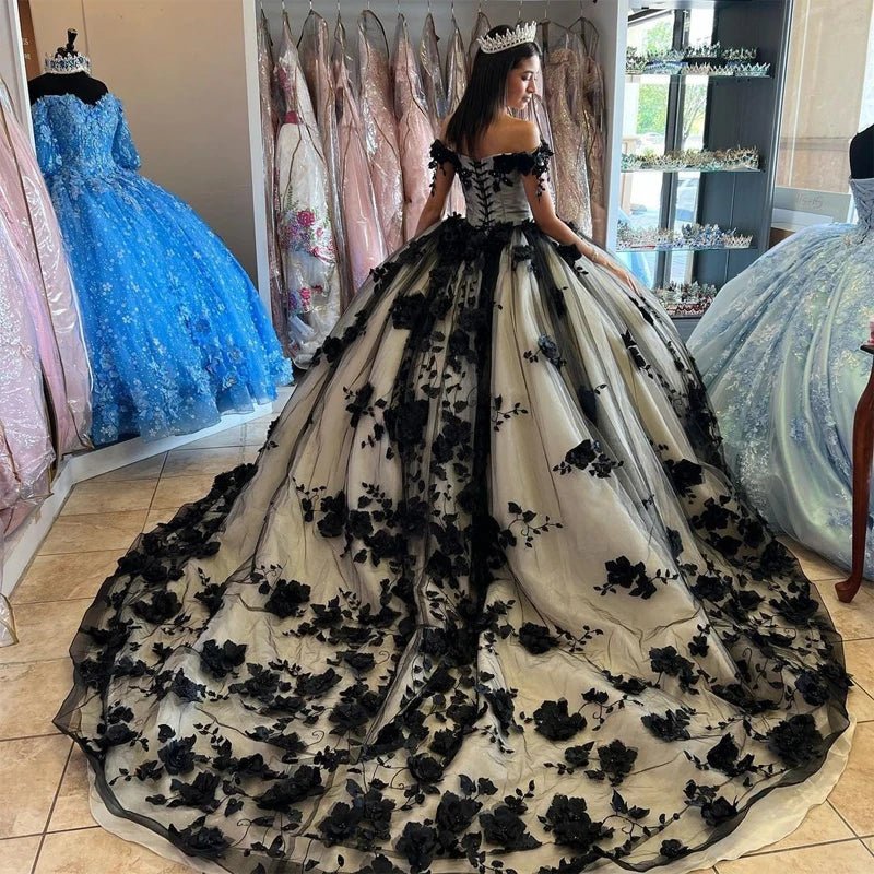 red black and white quinceanera dress Rachel Allan RQ5007 Off-Shoulder Ballgown with Floral Embroidery –  normansbridal