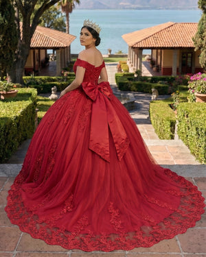 Red Lace Tulle Applique Off Shoulder Quinceanera Dresses (2) | KISSPROM